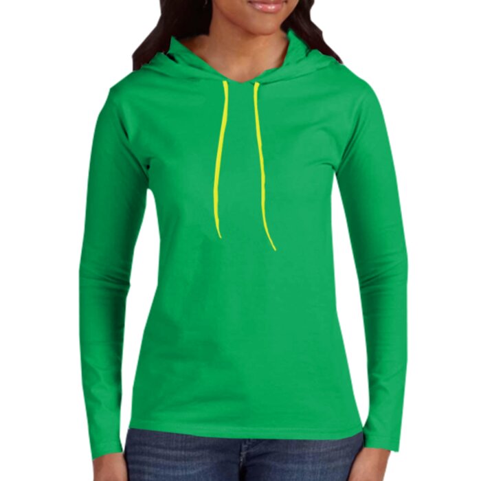Ladies 100% Combed Ring Spun Cotton Long Sleeve Hooded T Shirt Thumbnail
