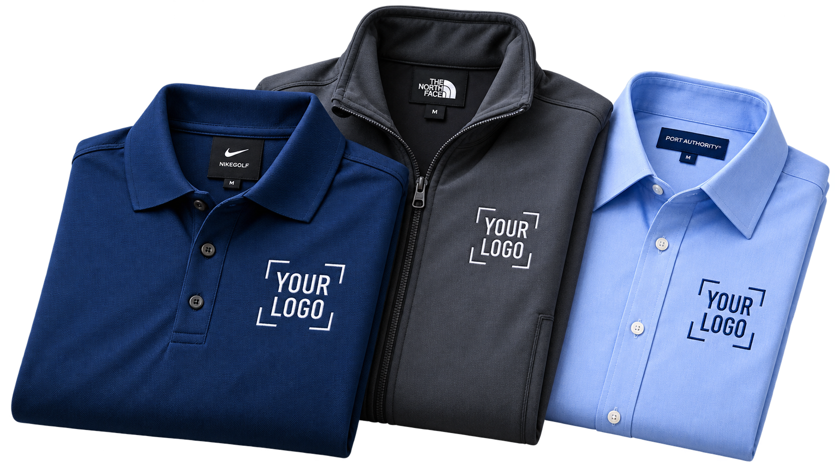Custom embroidered corporate apparel including polo, jacket and dress shirt